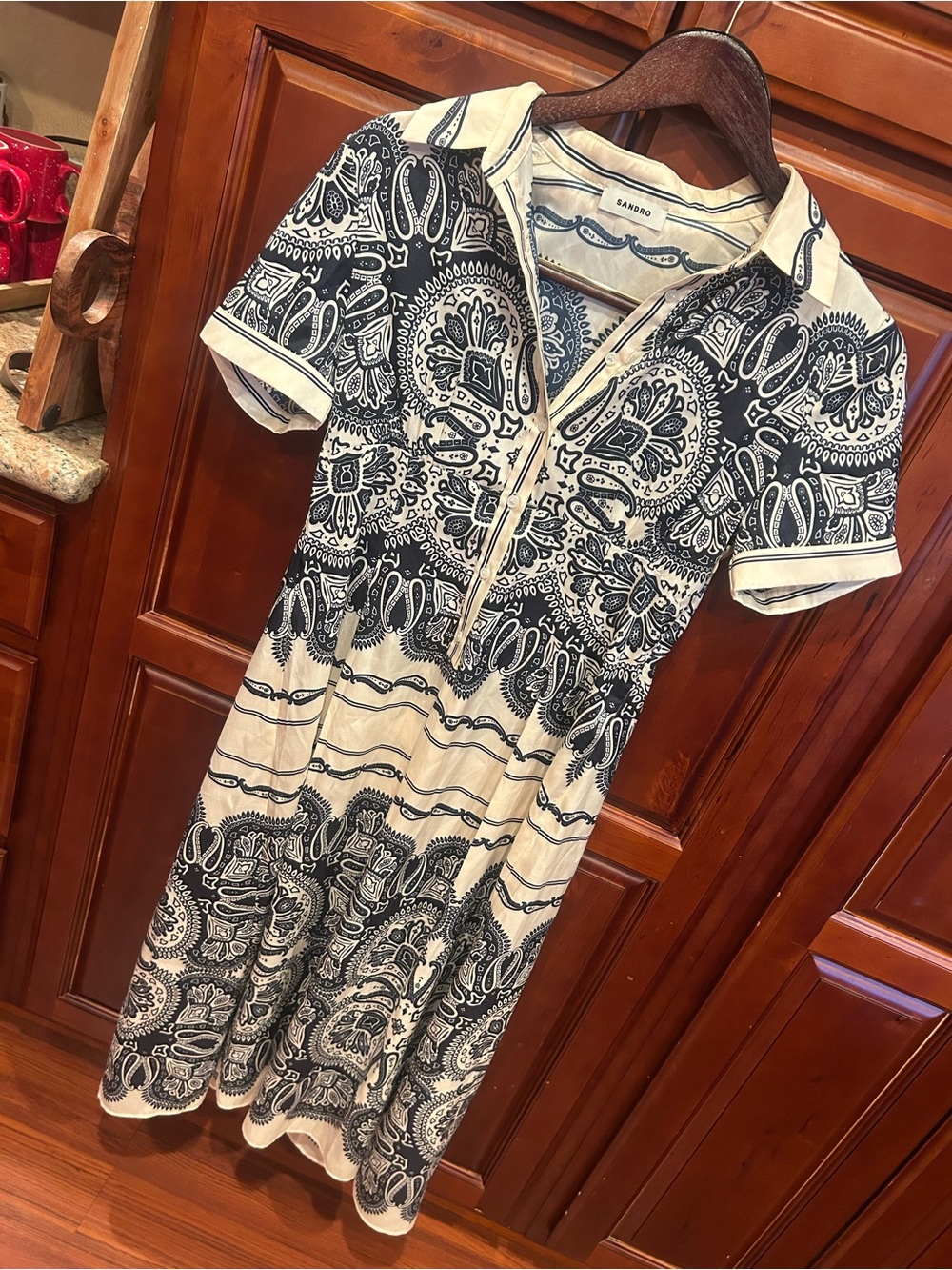Sandro-Paisley Scarf Print Midi Dress in Cream and Navy - Sz M